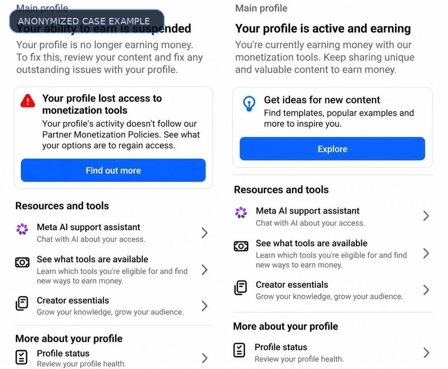 Anonymized suspended versus active monetization status